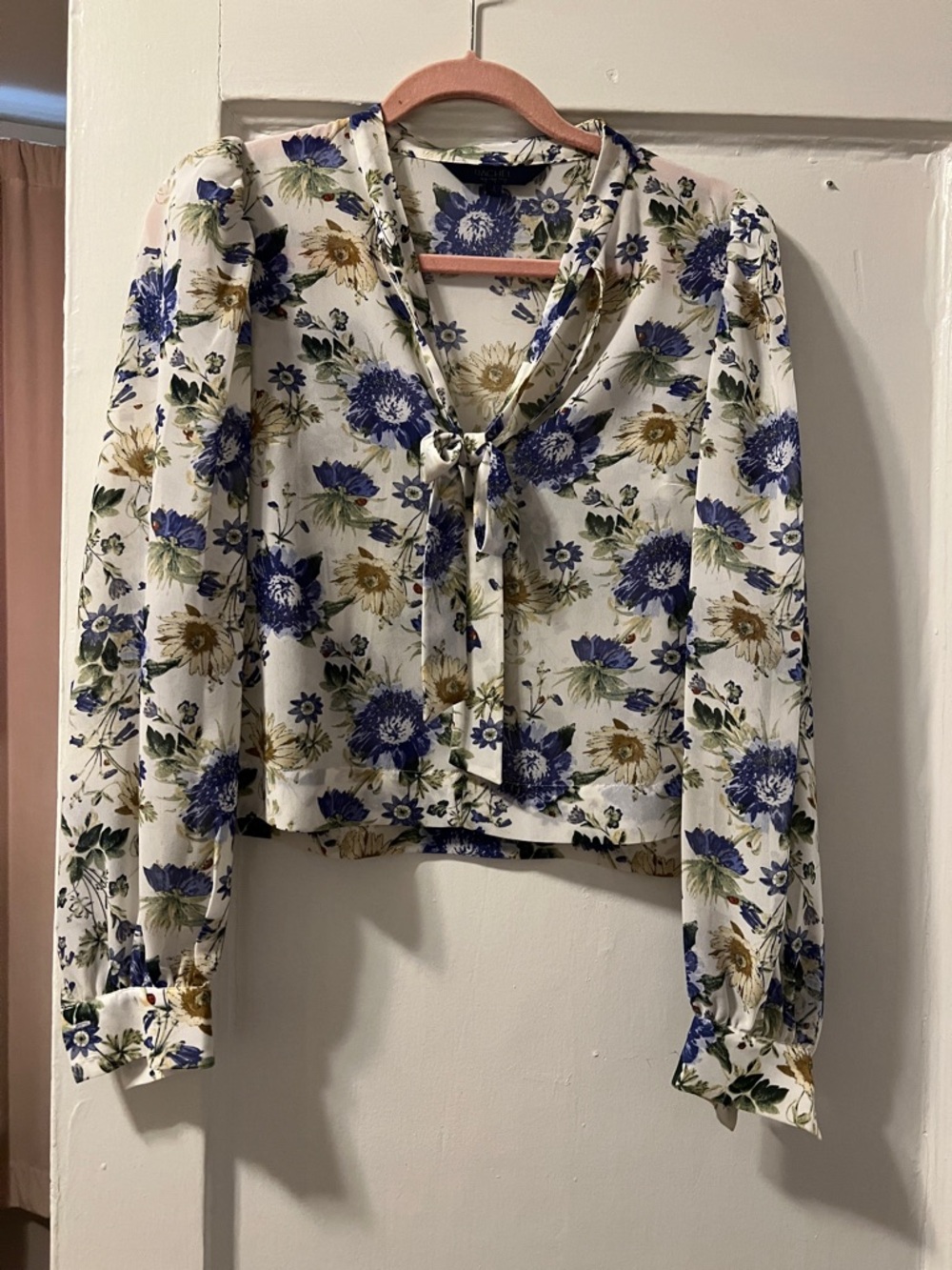 RACHEL Rachel Roy Ivory Tie-Neck Blouse with Blue & Olive Floral Print